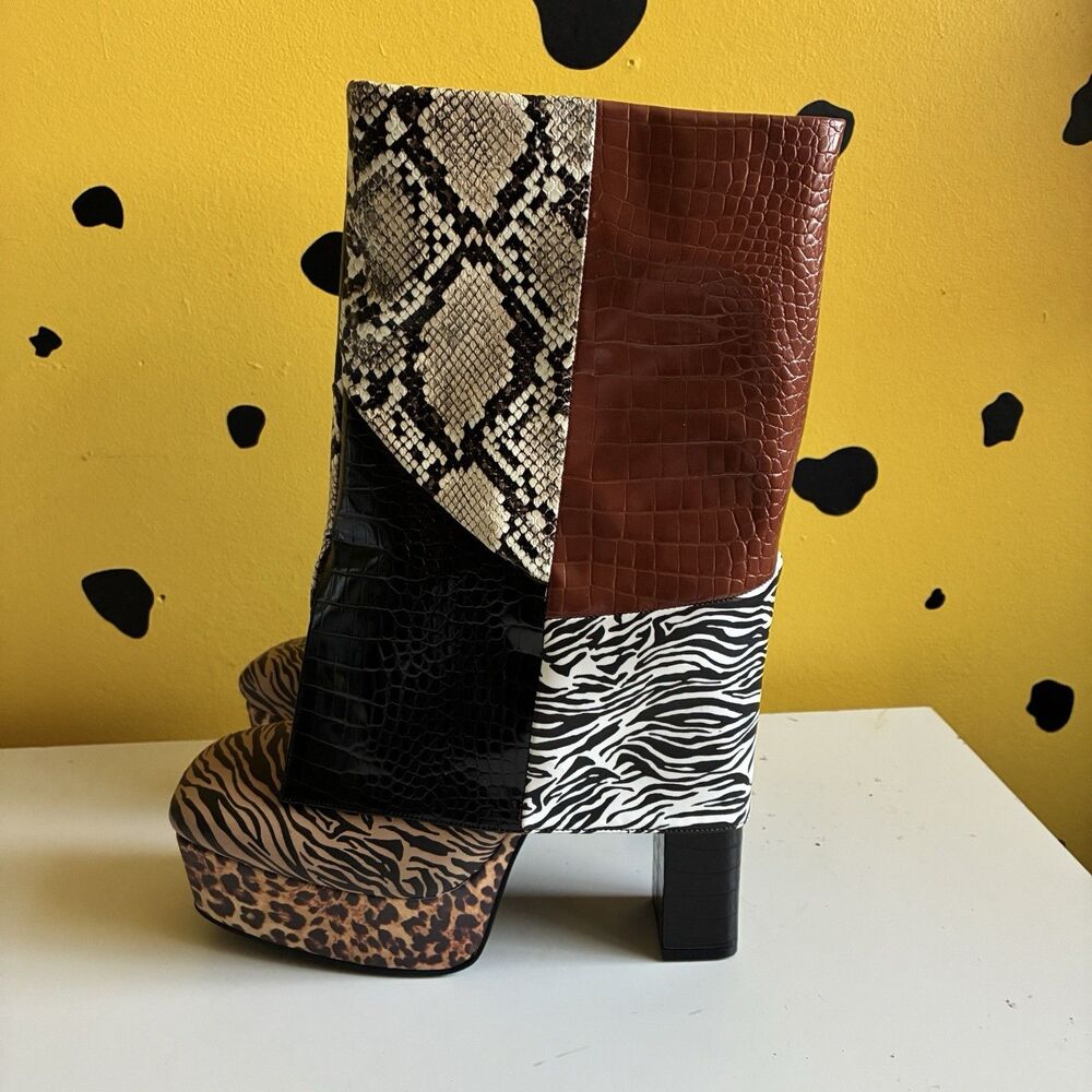 Women's Platform Ankle Boots Sz 9 Mixed Animal Print Chunky Heel Statement